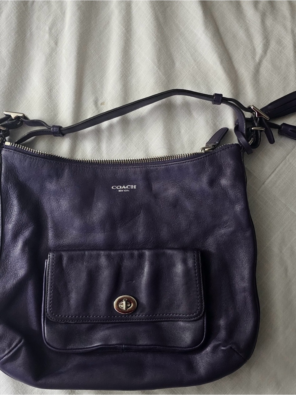 Coach Deep Purple Leather Shoulder Bag with Front Turn-Lock Pocket